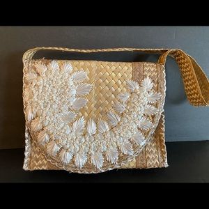 Vintage Straw & Shell Shoulder Bag Purse